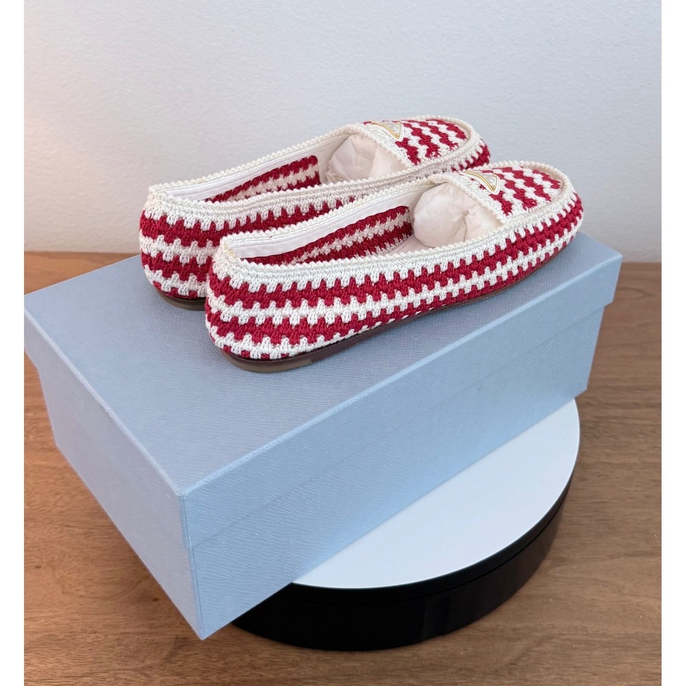 Prada Red White Crochet Loafers Enameled Triangle Logo Flats 1D496N Womens 37 - Picture 5 of 11